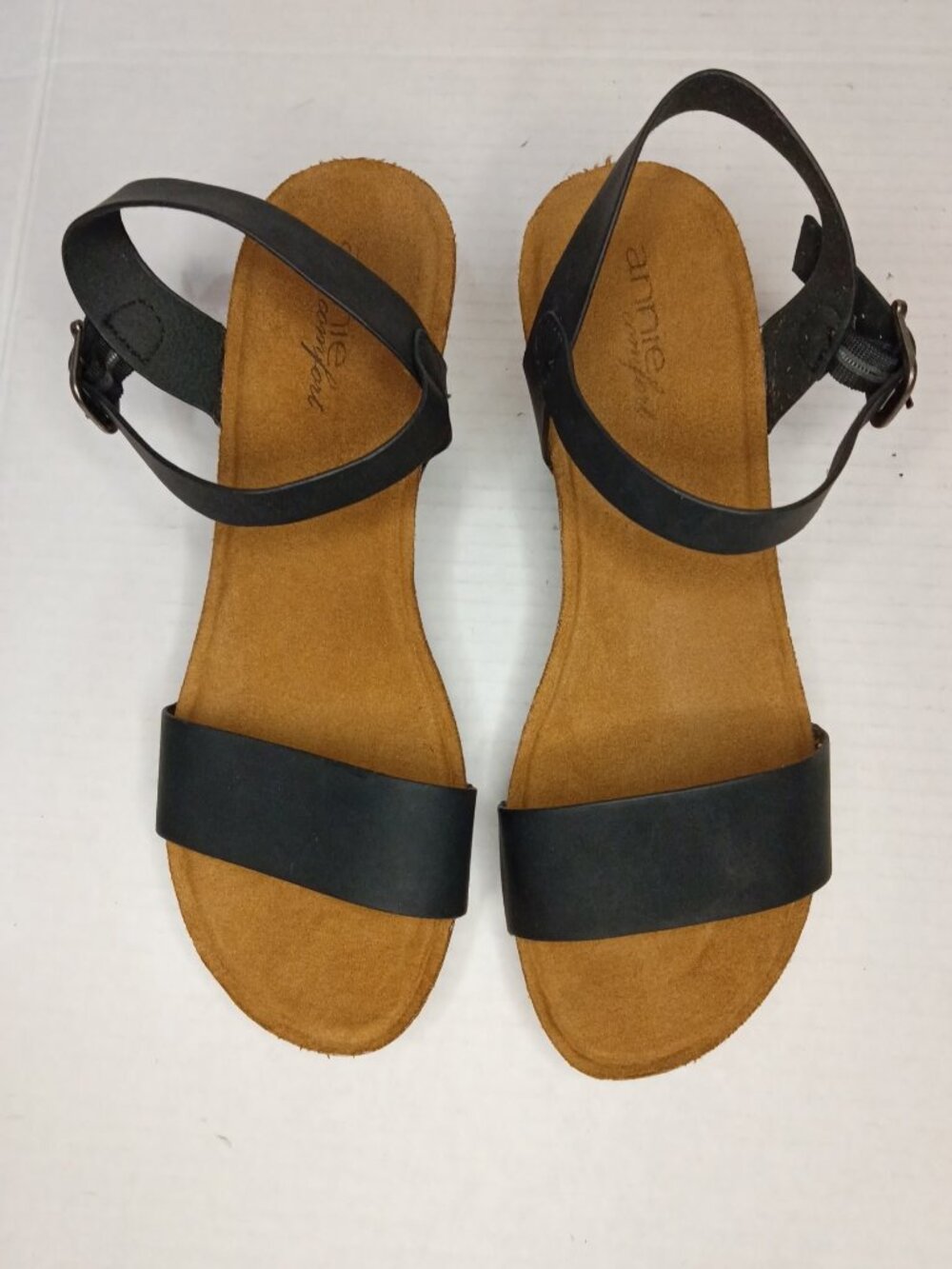 Annie Comfort Astor Black Ankle Strap Wedge Women's Sandals Size 9W Wide